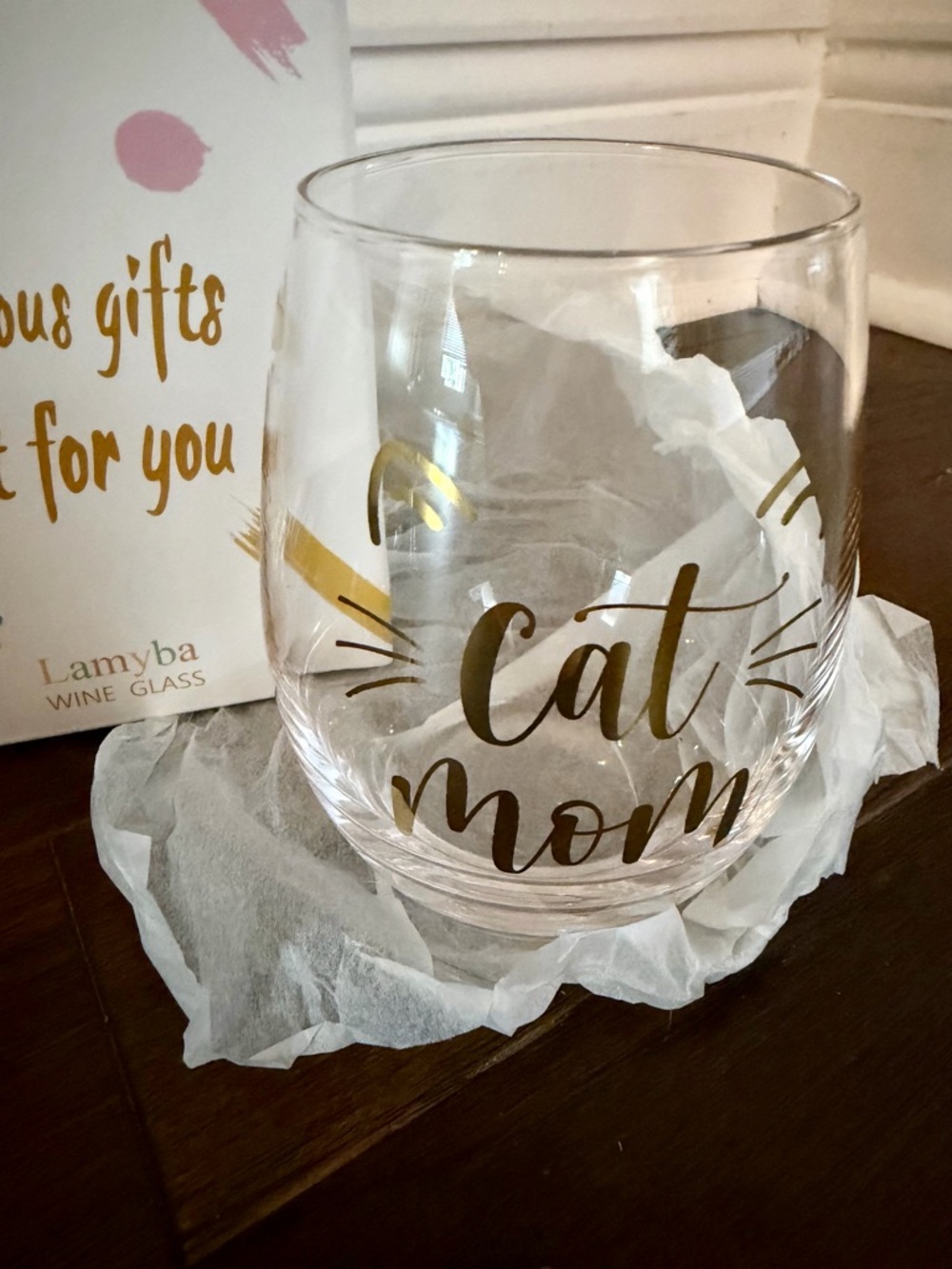 Cat Mom Gold Lettered Stemless Lamyba Wine Glass